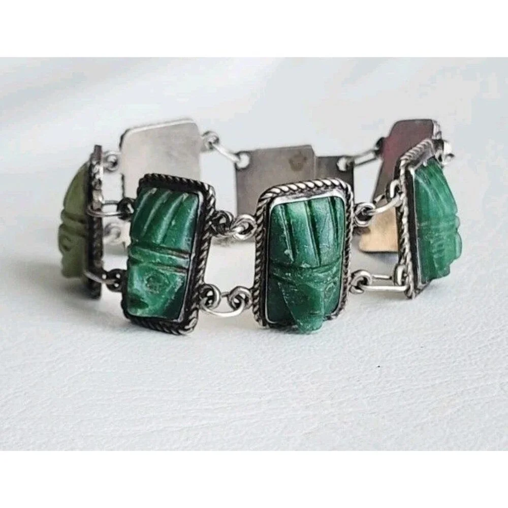 Vintage Mexico Sterling Silver Carved Green Jade Mayan Mask Link Bracelet 7" 44g - Picture 3 of 8